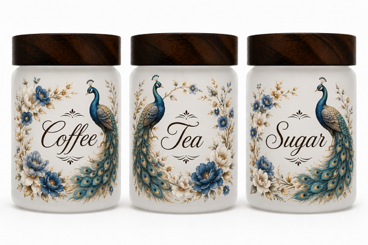 Peacock Themed Coffee, Tea & Sugar Containers