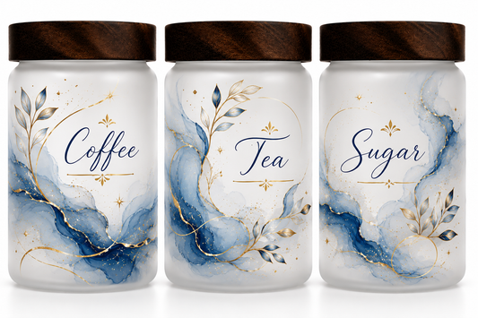 Blue Marble Themed Coffee, Tea & Sugar Containers
