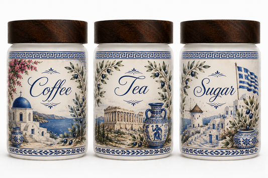 Greece Themed Coffee, Tea & Sugar Containers