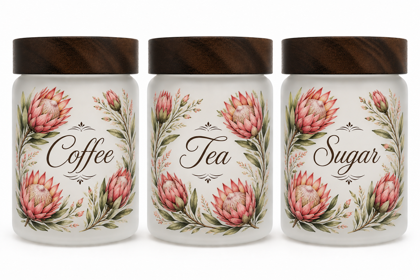 Protea Themed Coffee, Tea & Sugar Containers