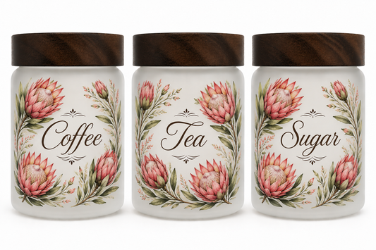 Protea Themed Coffee, Tea & Sugar Containers